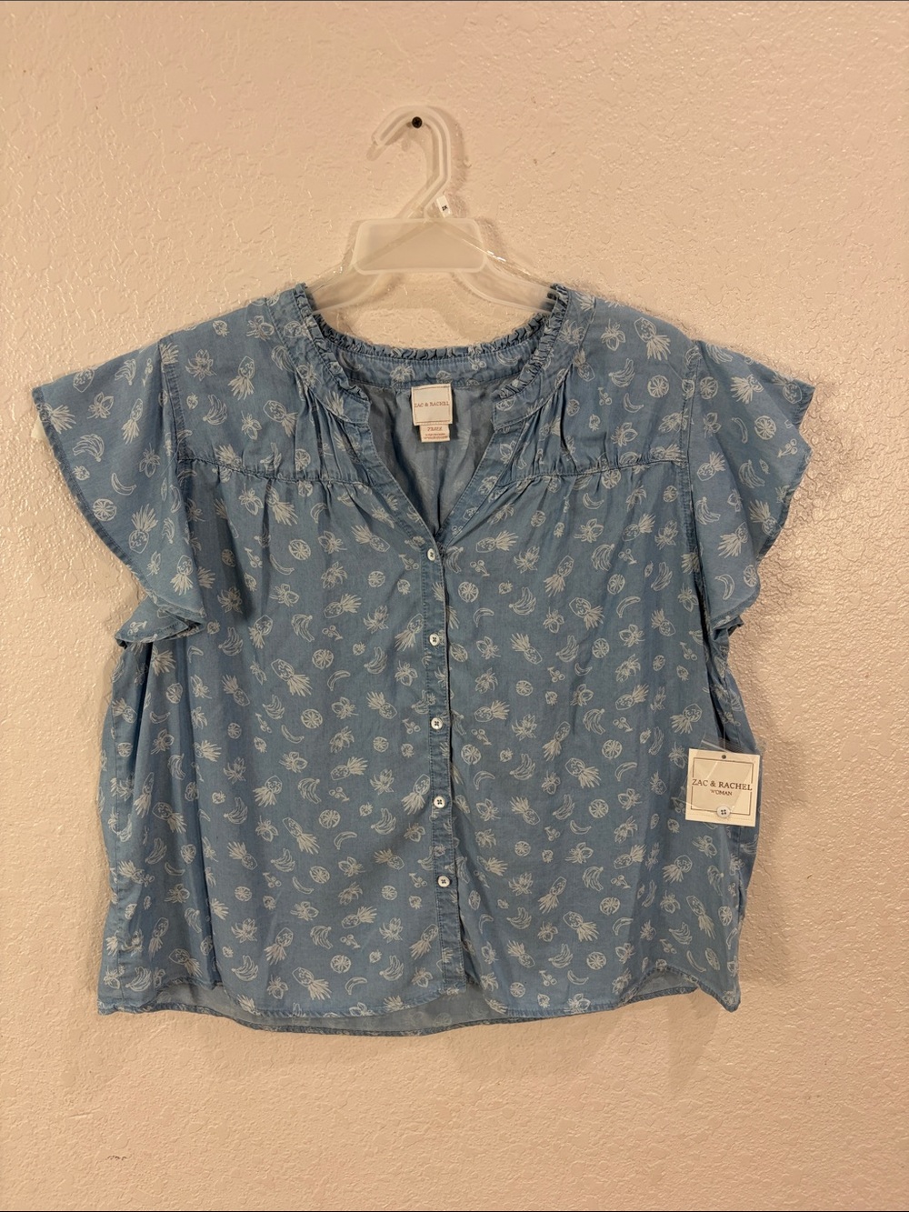 Zac & Rachel Light Blue Button-Front Floral Flutter Sleeve Blouse,Size 2X